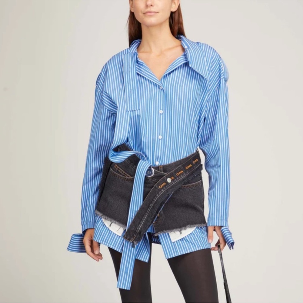 Meryll Rogge Deconstructed Button Down White Blue Stripe Collared Shirt